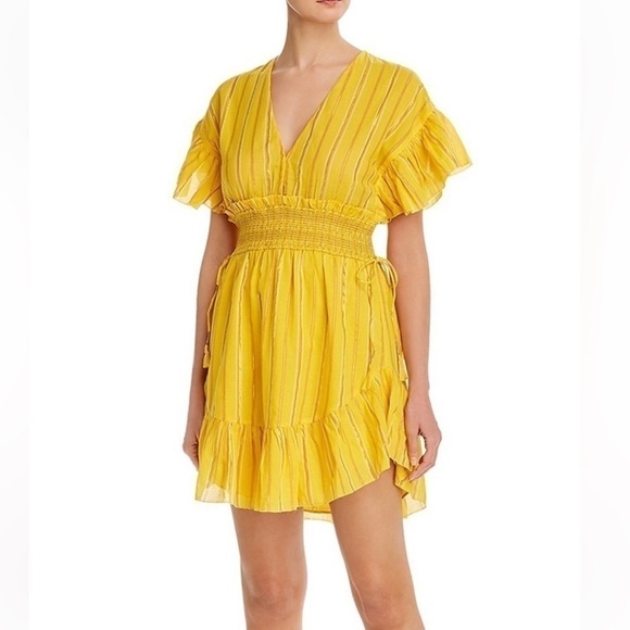 Saylor Adrianne Shift Mini Dress Yellow Cotton Blend Metallic Stripe - Picture 1 of 16